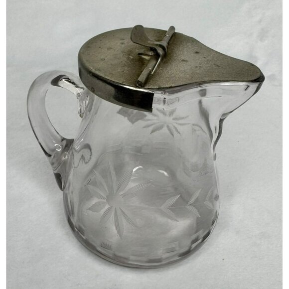 Vintage Glass Syrup Pitcher With Etched Floral Design & Hinged Metal Lid - Picture 1 of 10